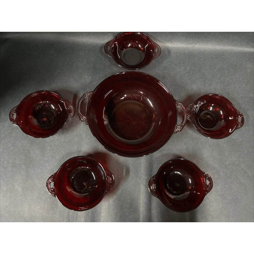 VTG Anchor Hocking Coronation Royal Ruby ‎ Master Bowl & Berry Bowls 6pc Set